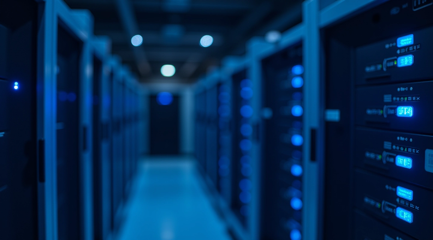Modern data center server room with blue LED lighting and organized networking equipment