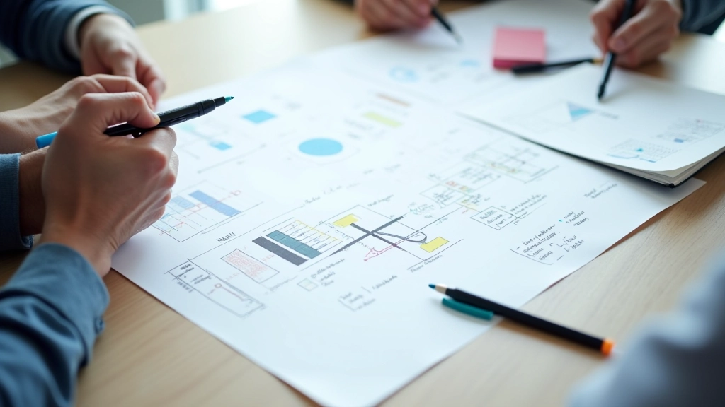 Whiteboard with technical sketches, diagrams and handwritten notes about system architecture