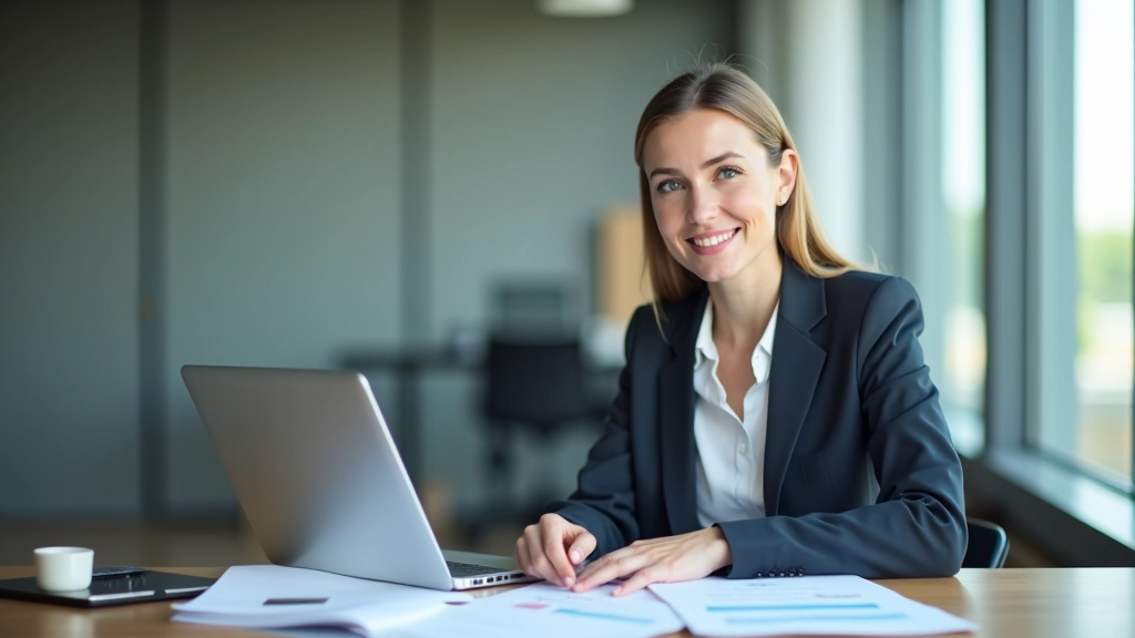 Woman in business blazer seated at desk working with financial documents and computer